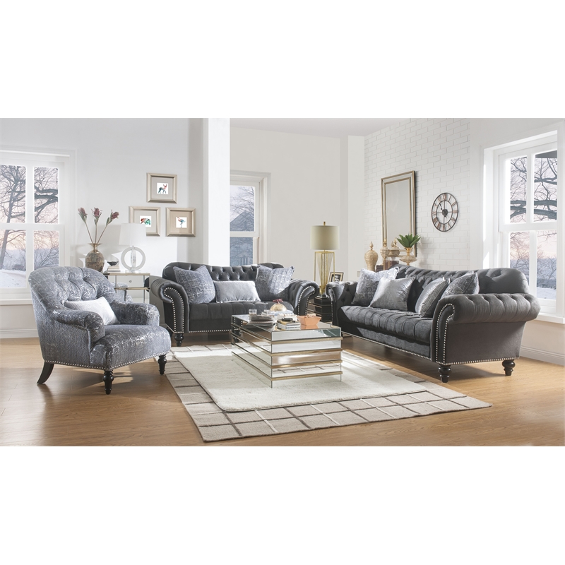 ACME Gaura  Velvet Tufted Recessed Arm Chair with Nail-head Trim in Gray