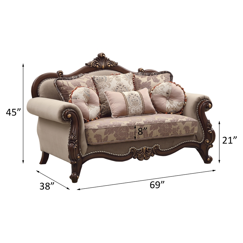 ACME Mehadi Upholstery Rolled Arm Loveseat with Queen Leg in Walnut