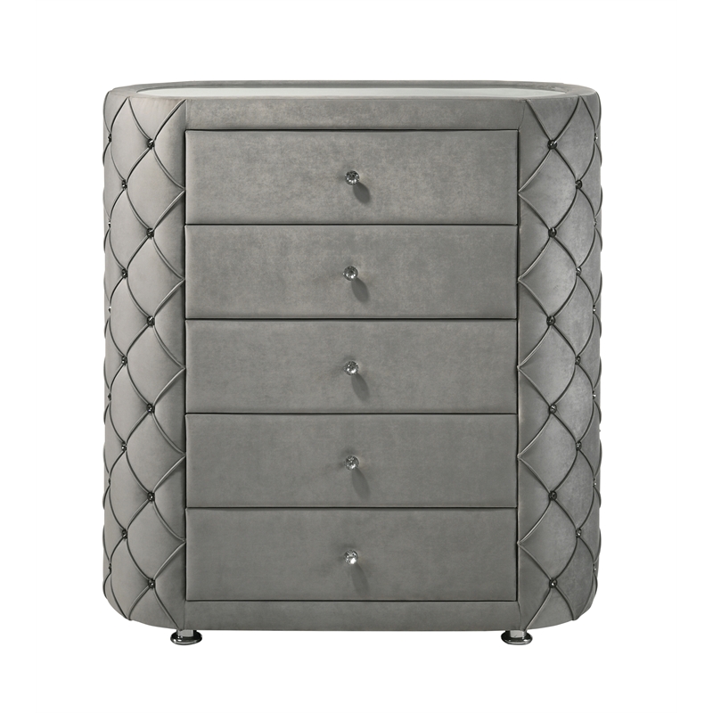ACME Perine 5-drawer Velvet Upholstered Tufted Chest in Gray