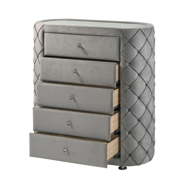 ACME Perine 5-drawer Velvet Upholstered Tufted Chest in Gray