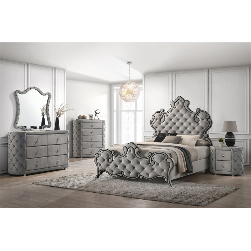 ACME Perine 5-drawer Velvet Upholstered Tufted Chest in Gray