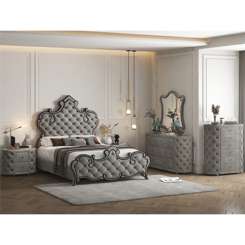 ACME Perine 5-drawer Velvet Upholstered Tufted Chest in Gray