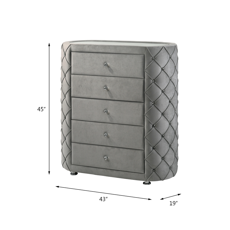ACME Perine 5-drawer Velvet Upholstered Tufted Chest in Gray