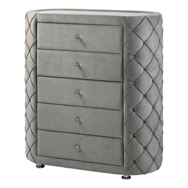 ACME Perine 5-drawer Velvet Upholstered Tufted Chest in Gray