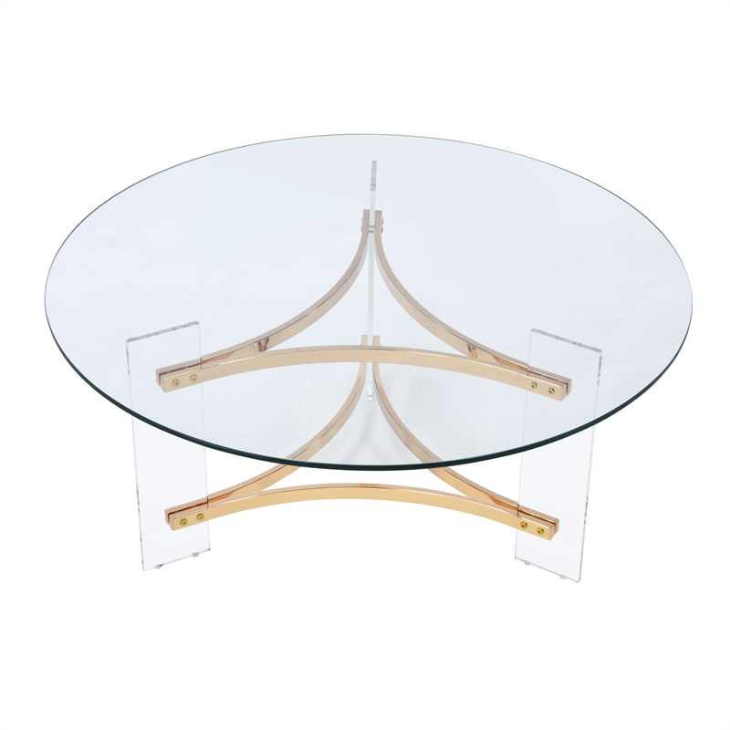 ACME Sosi Round Tempered Glass Top Coffee Table in Clear and Gold