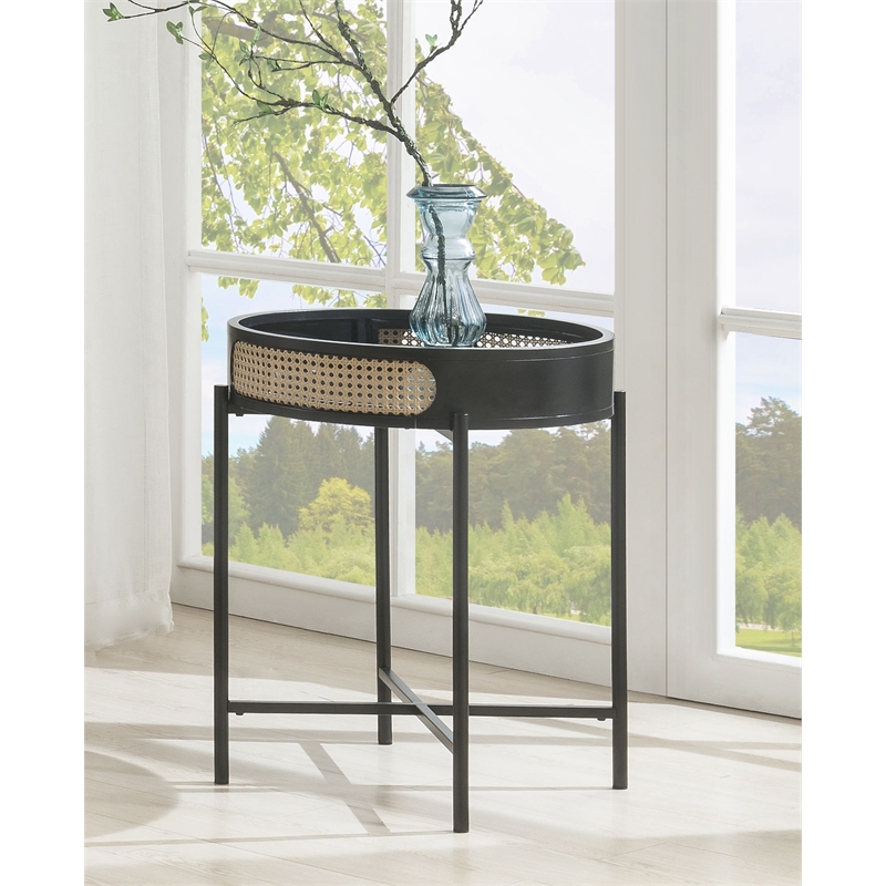 ACME Colson Tray Top Round Wooden End Table with Rattan Insert in Black