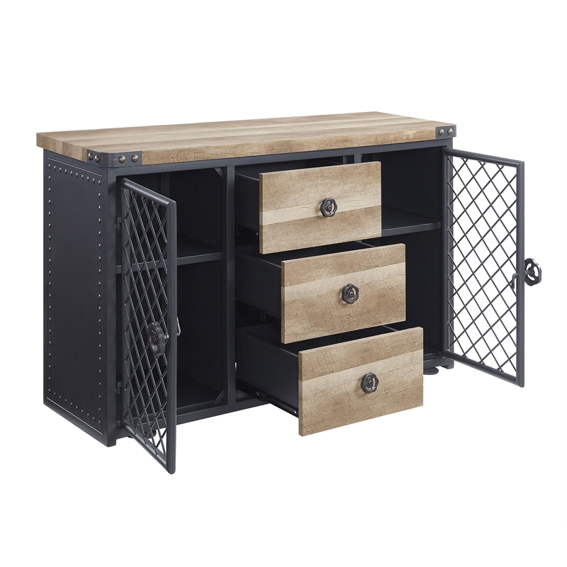 ACME Edina 3-Drawer Wooden Server with Metal Doors in Oak and Sandy Black