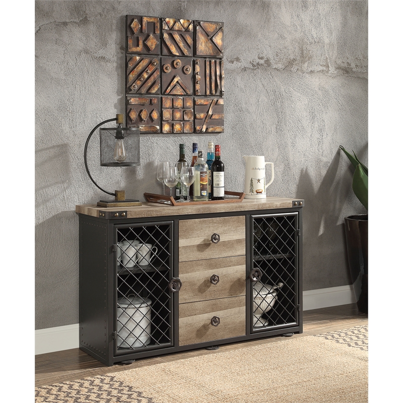 ACME Edina 3-Drawer Wooden Server with Metal Doors in Oak and Sandy Black