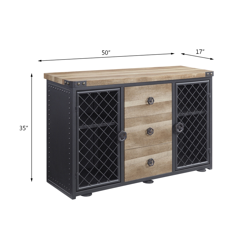 ACME Edina 3-Drawer Wooden Server with Metal Doors in Oak and Sandy Black