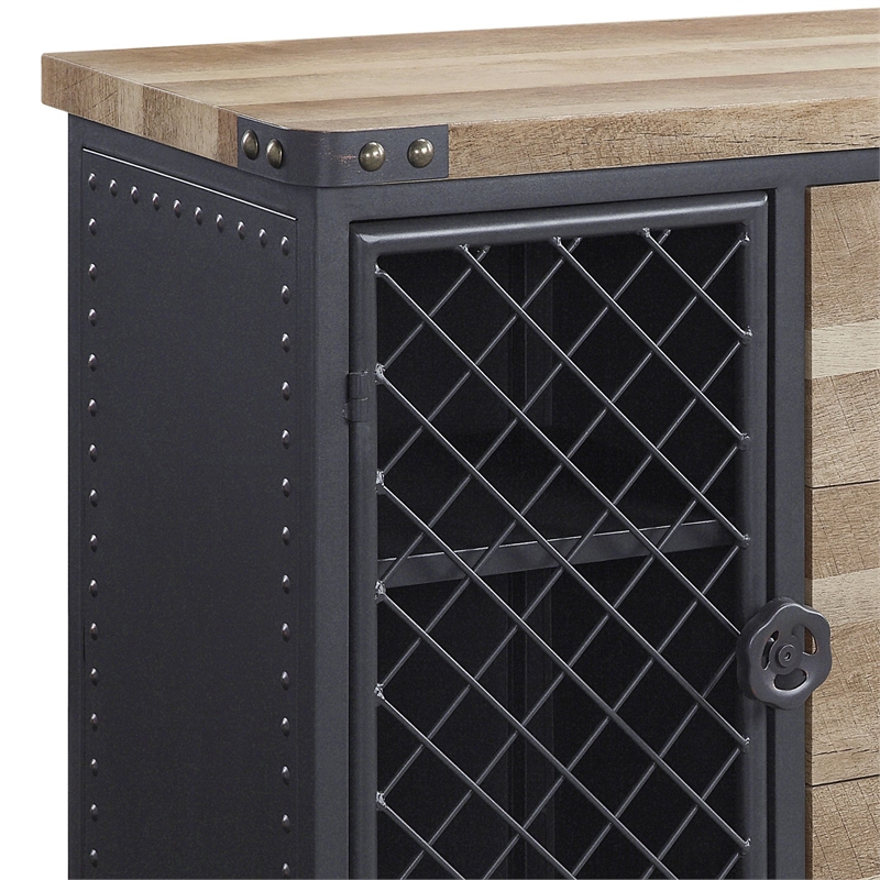 ACME Edina 3-Drawer Wooden Server with Metal Doors in Oak and Sandy Black