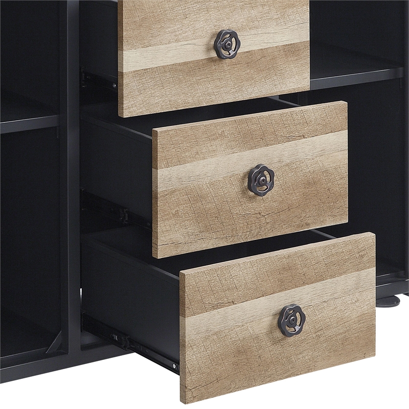 ACME Edina 3-Drawer Wooden Server with Metal Doors in Oak and Sandy Black