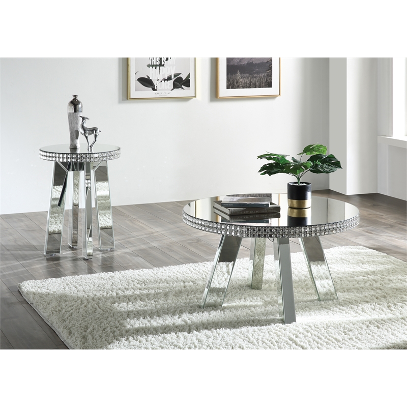 ACME Lotus End Table in Mirrored & Faux Crystals