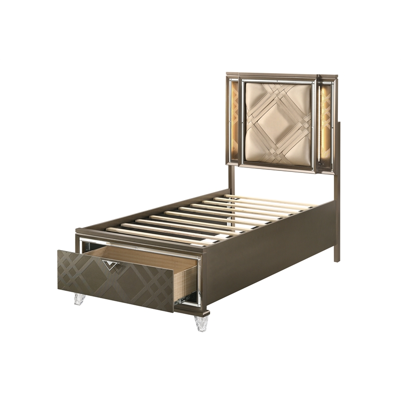 ACME Skylar Twin Faux Leather Storage Bed with LED in Dark Brown Champaign