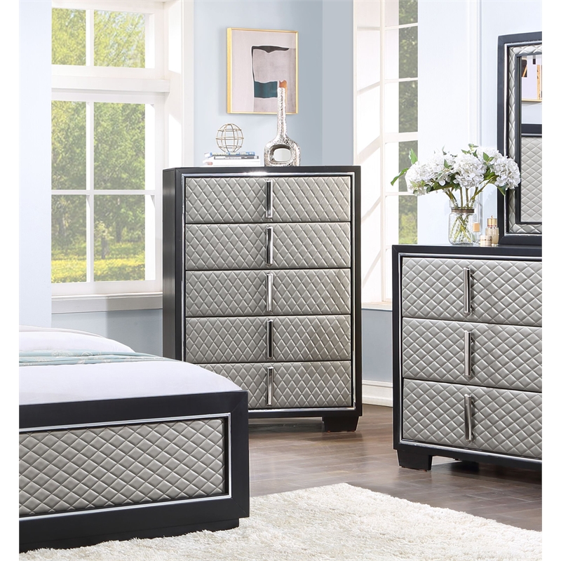ACME Nicola 5 Drawers Wooden and Faux Leather Chest in Silver and Black