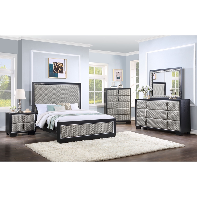 ACME Nicola 5 Drawers Wooden and Faux Leather Chest in Silver and Black