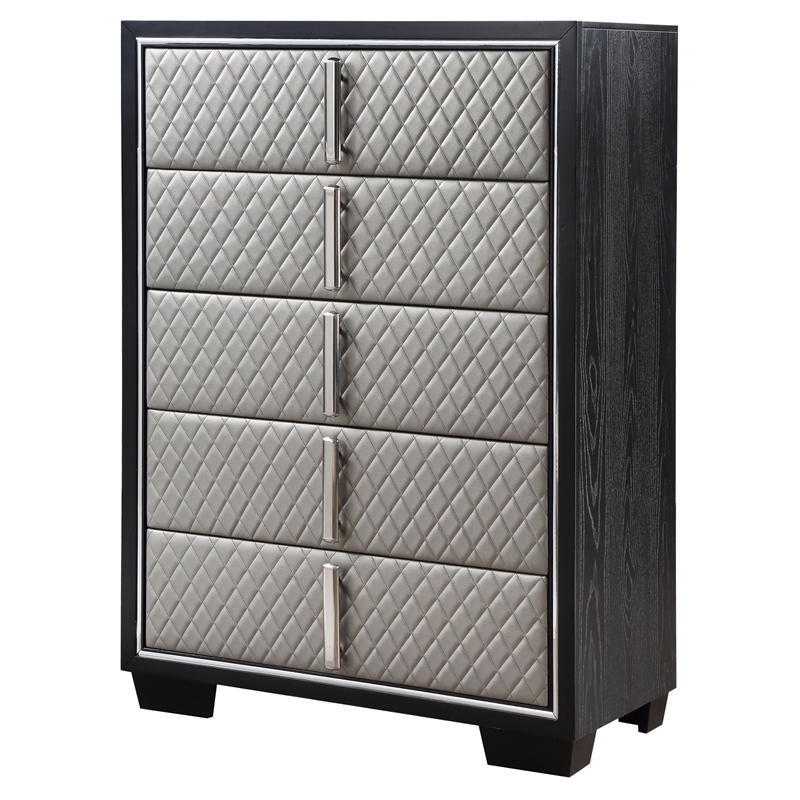 ACME Nicola 5 Drawers Wooden and Faux Leather Chest in Silver and Black