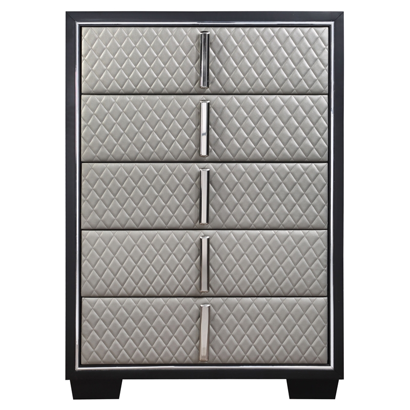 ACME Nicola 5 Drawers Wooden and Faux Leather Chest in Silver and Black