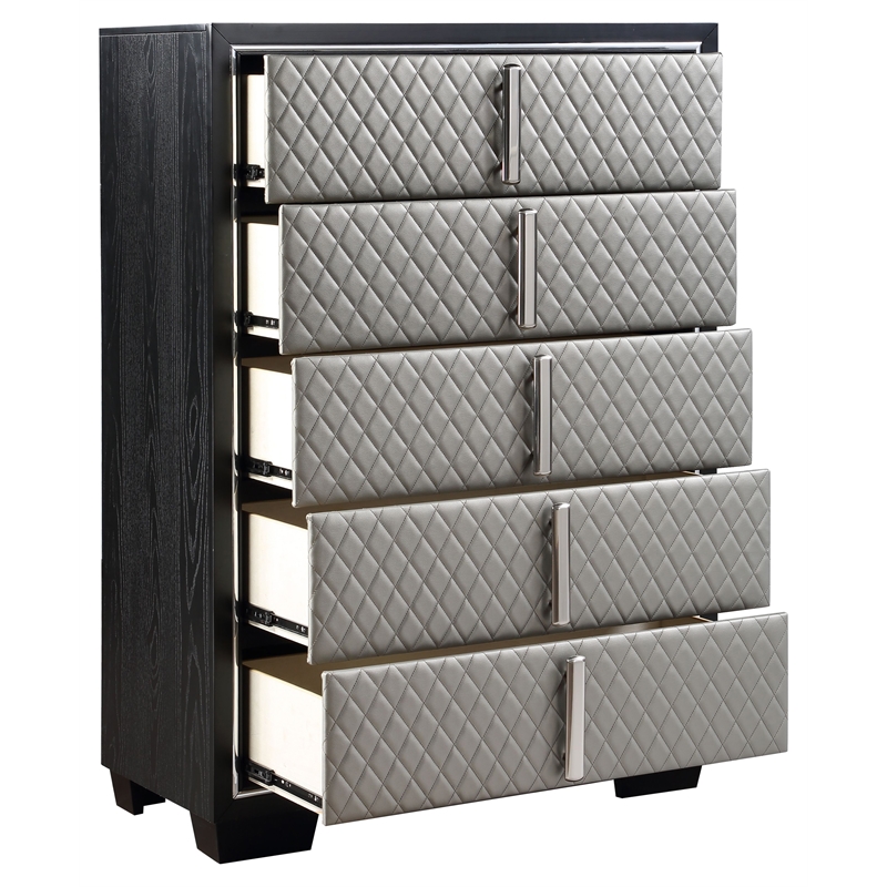 ACME Nicola 5 Drawers Wooden and Faux Leather Chest in Silver and Black