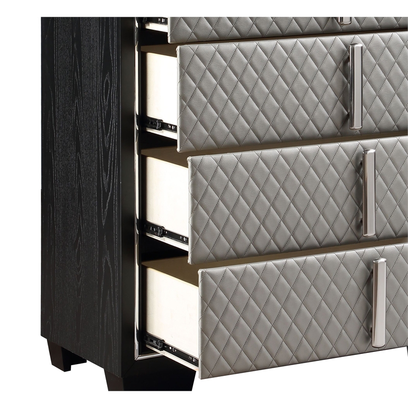ACME Nicola 5 Drawers Wooden and Faux Leather Chest in Silver and Black