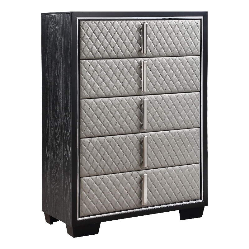 ACME Nicola 5 Drawers Wooden and Faux Leather Chest in Silver and Black