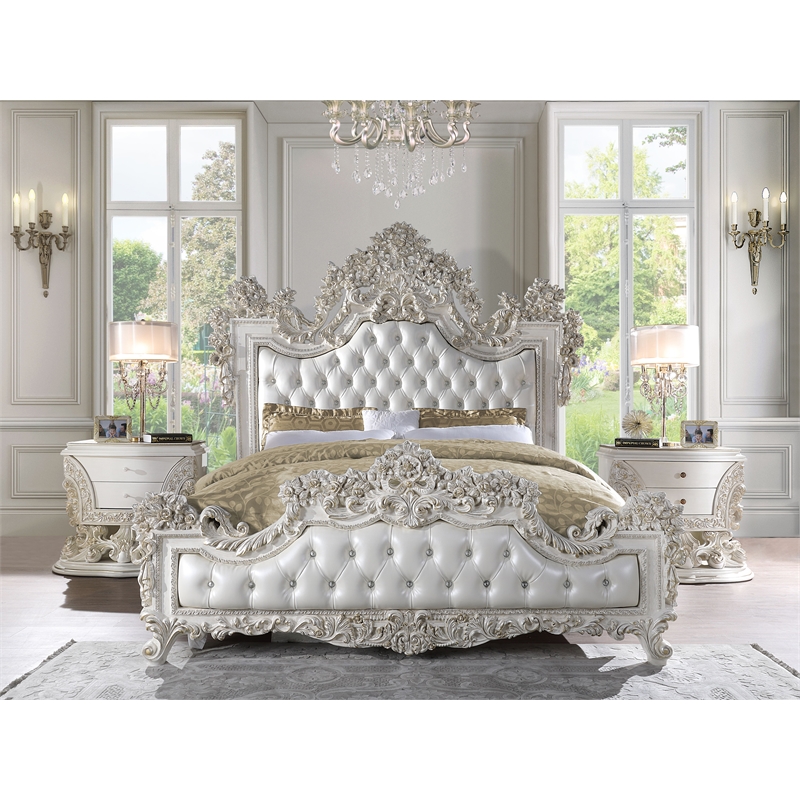 ACME Adara Faux Leather Upholstery Eastern King Bed in White and Antique White