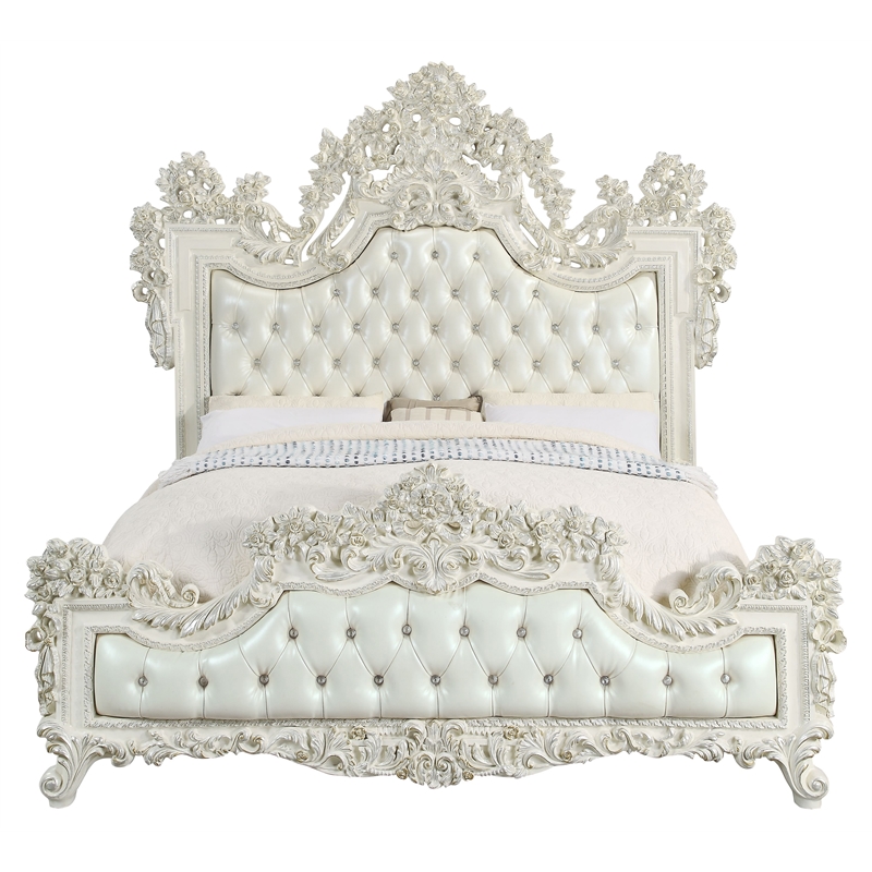 ACME Adara Faux Leather Upholstery Eastern King Bed in White and Antique White