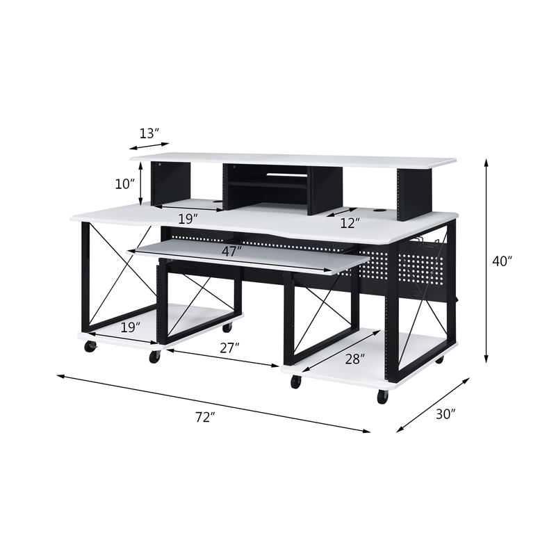 ACME Megara Storage Rectangular Music Desk with Metal Frame in White and Black