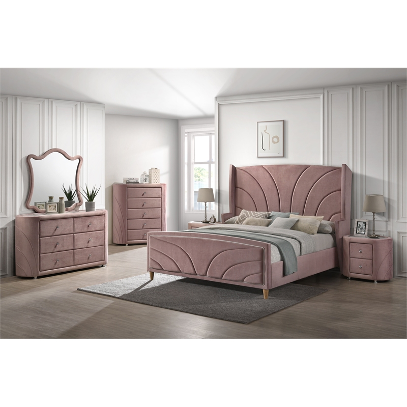 ACME Salonia 5 Drawers Velvet Upholstery Chest with Mirror Top in Pink