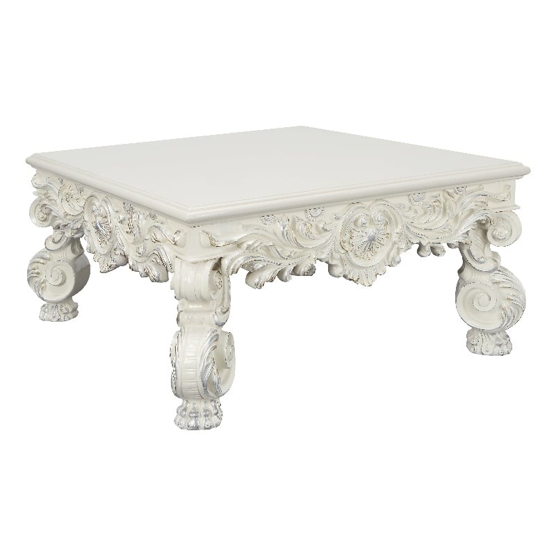 ACME Adara Square Wooden Top Coffee Table with Floral Legs in Antique White