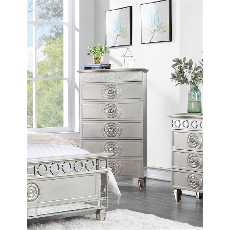 ACME Varian 5 Drawers Wooden Chest with Mirror Inlay in Silver