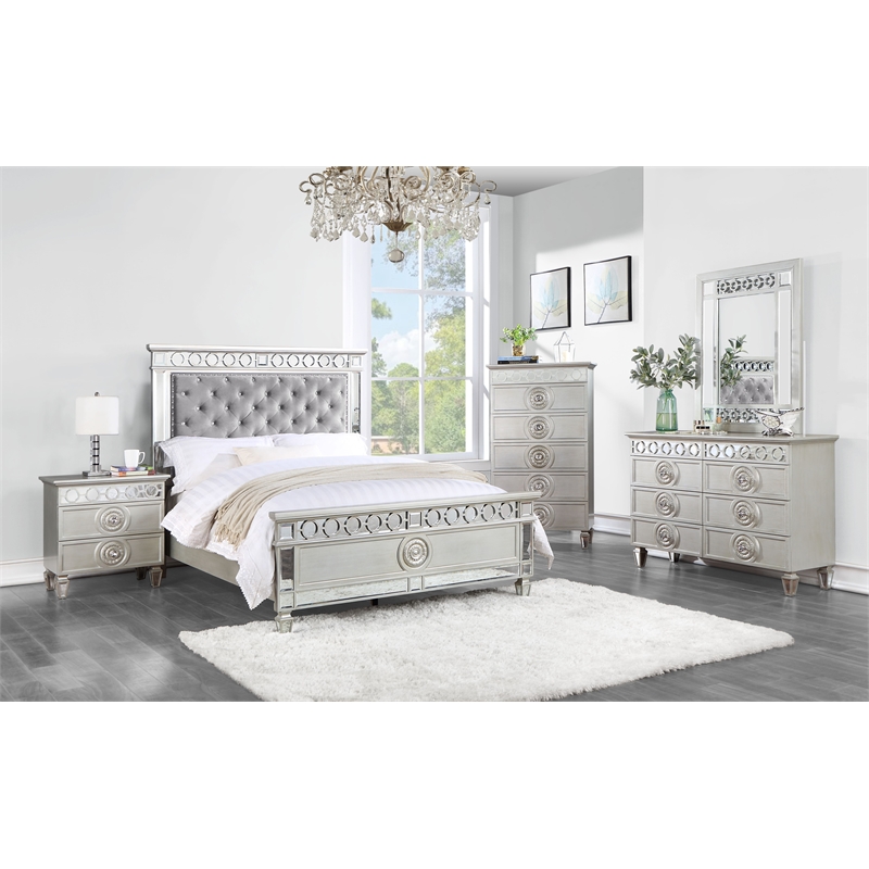 ACME Varian 5 Drawers Wooden Chest with Mirror Inlay in Silver