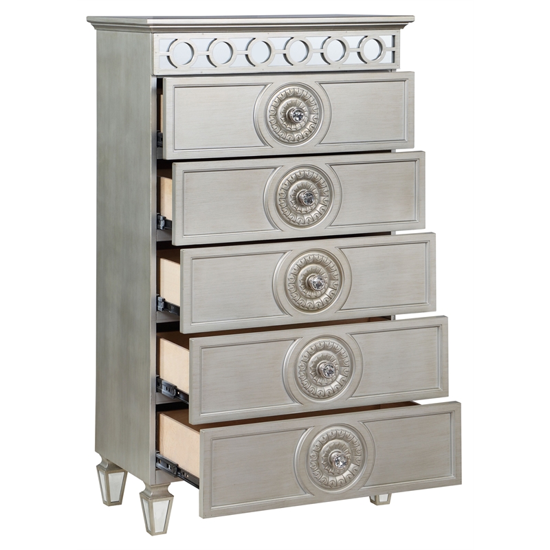 ACME Varian 5 Drawers Wooden Chest with Mirror Inlay in Silver