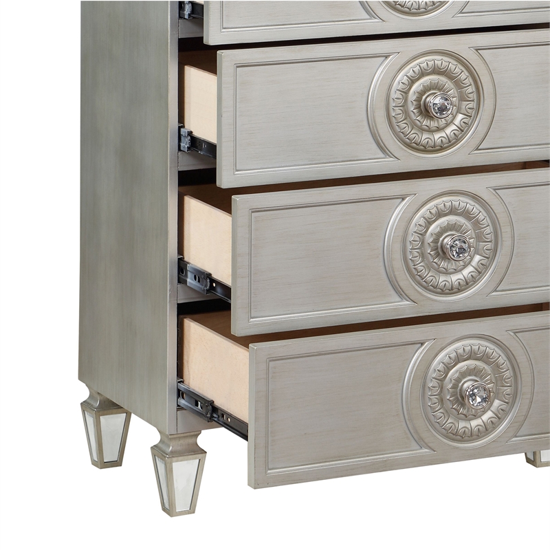 ACME Varian 5 Drawers Wooden Chest with Mirror Inlay in Silver