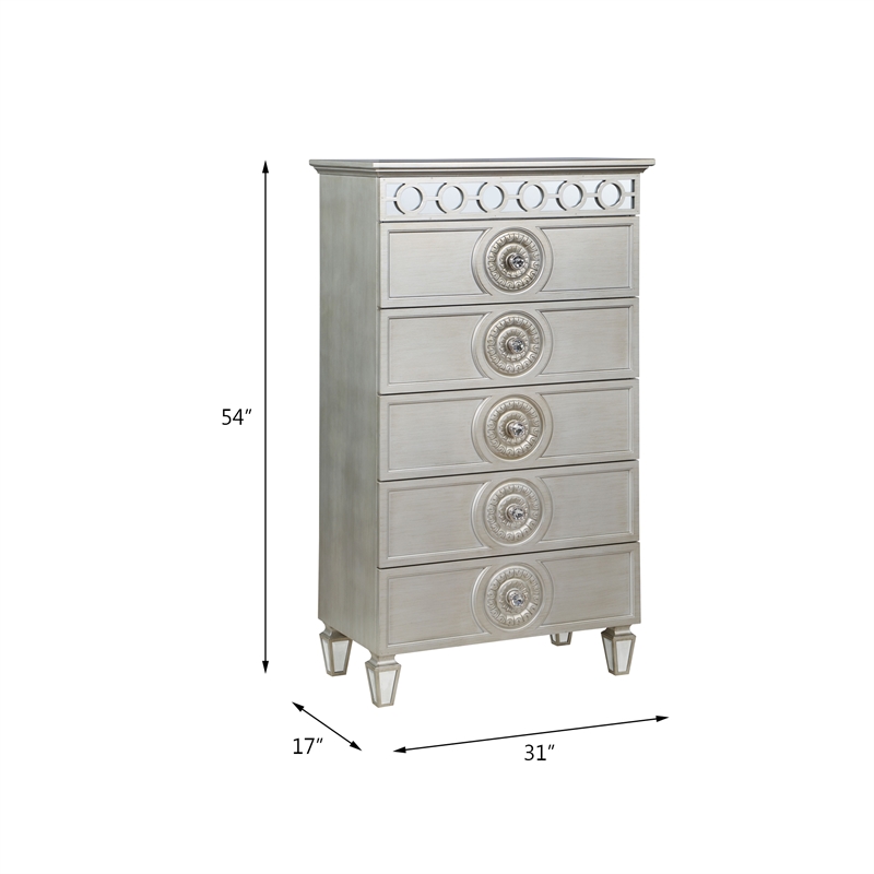 ACME Varian 5 Drawers Wooden Chest with Mirror Inlay in Silver