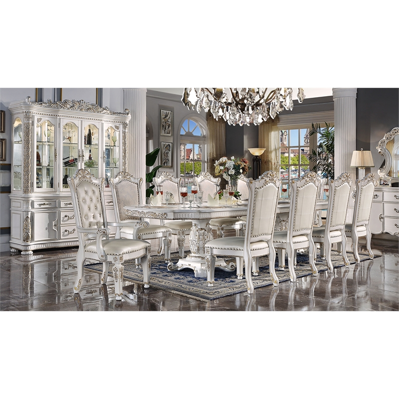 ACME Vendome Wooden Double Pedestal Dining Table in Antique Pearl and White