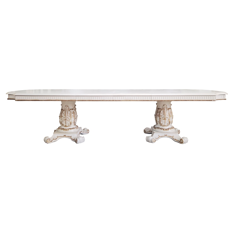 ACME Vendome Wooden Double Pedestal Dining Table in Antique Pearl and White