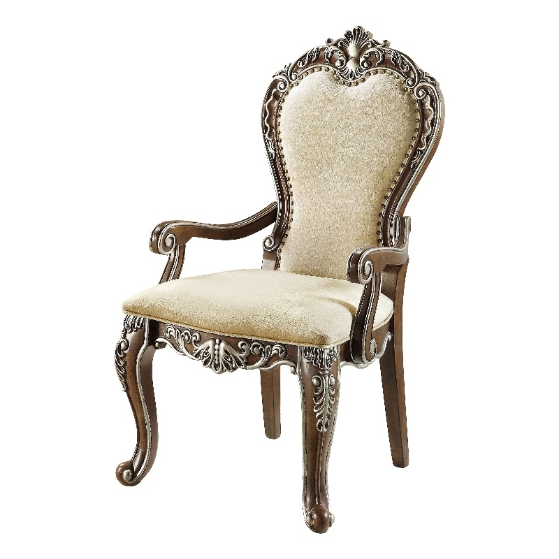 ACME Latisha Fabric Arm Chair with Nailhead Trim in Antique Oak (Set of 2)