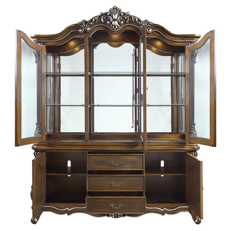 ACME Latisha Wooden Hutch and Buffet with Glass Doors in Antique Oak
