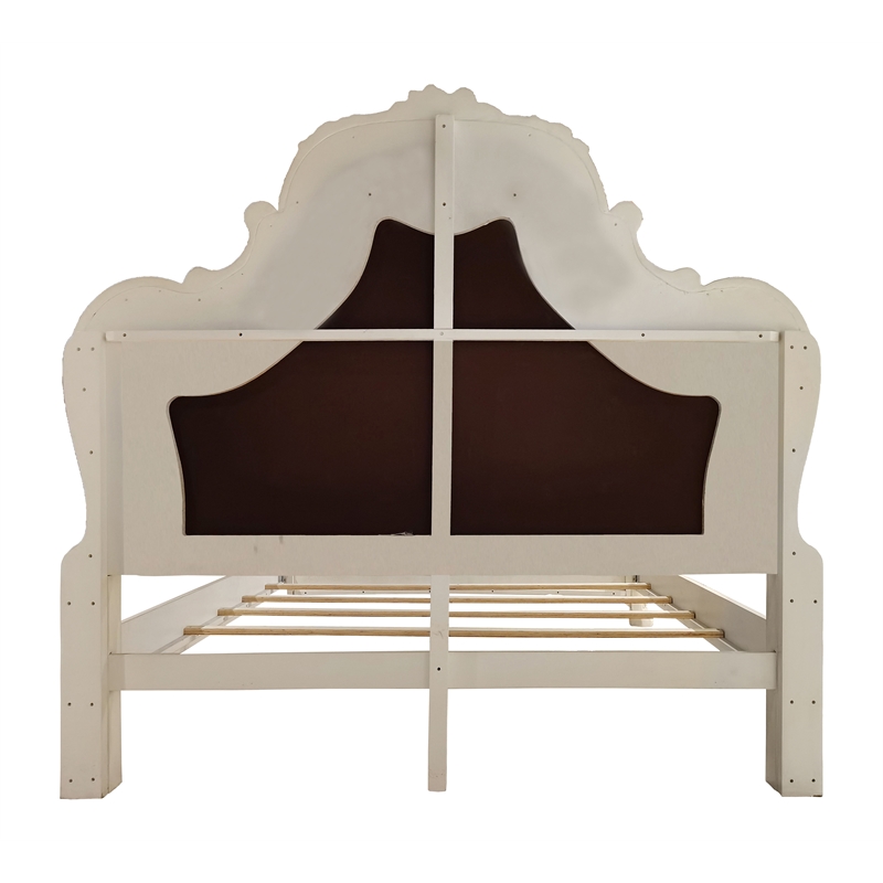 ACME Dresden Wooden Bed with Faux Leather Upholstery in Bone White