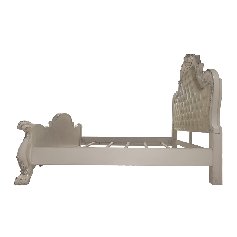 ACME Dresden Wooden Bed with Faux Leather Upholstery in Bone White