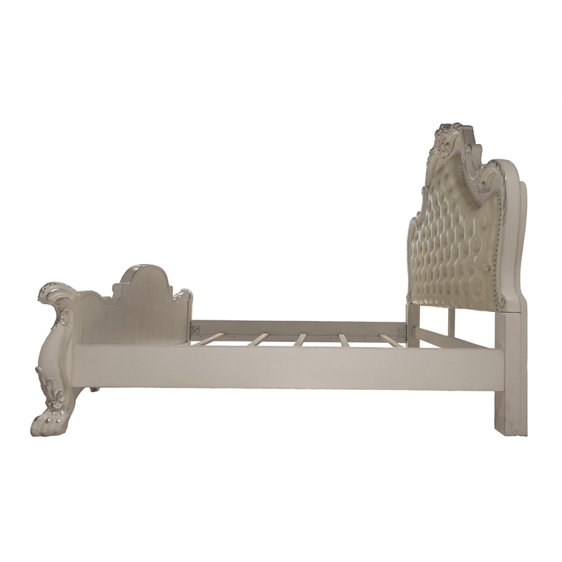 ACME Dresden Wooden Bed with Faux Leather Upholstery in Bone White