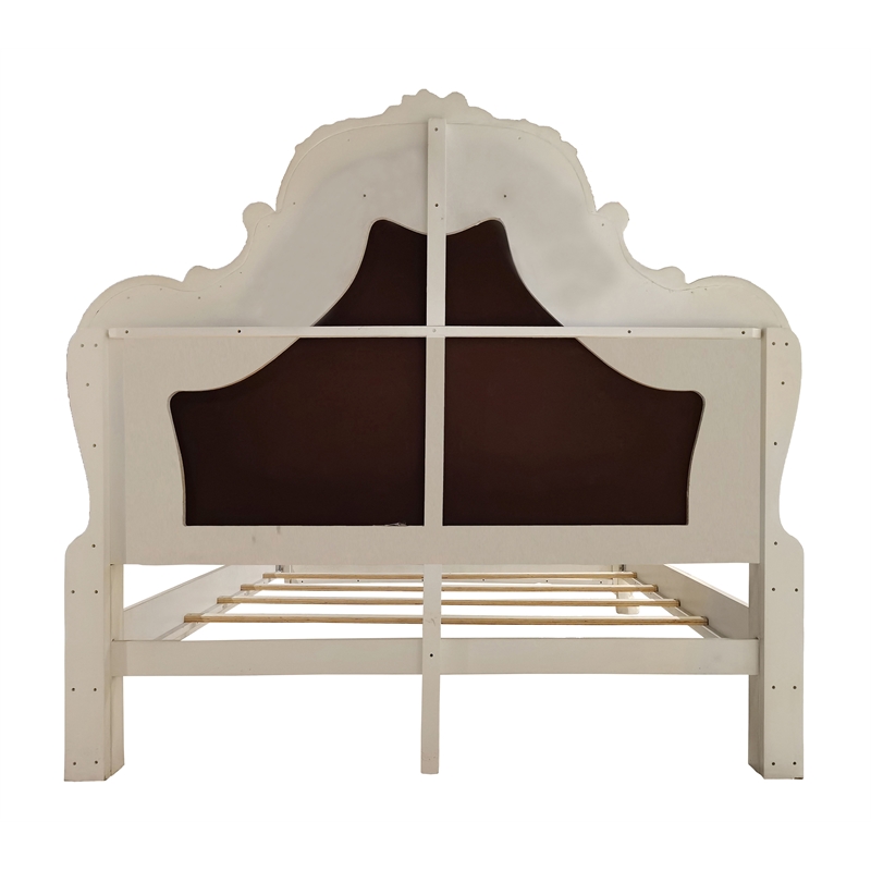 ACME Dresden Wooden Bed with Faux Leather Upholstery in Bone White
