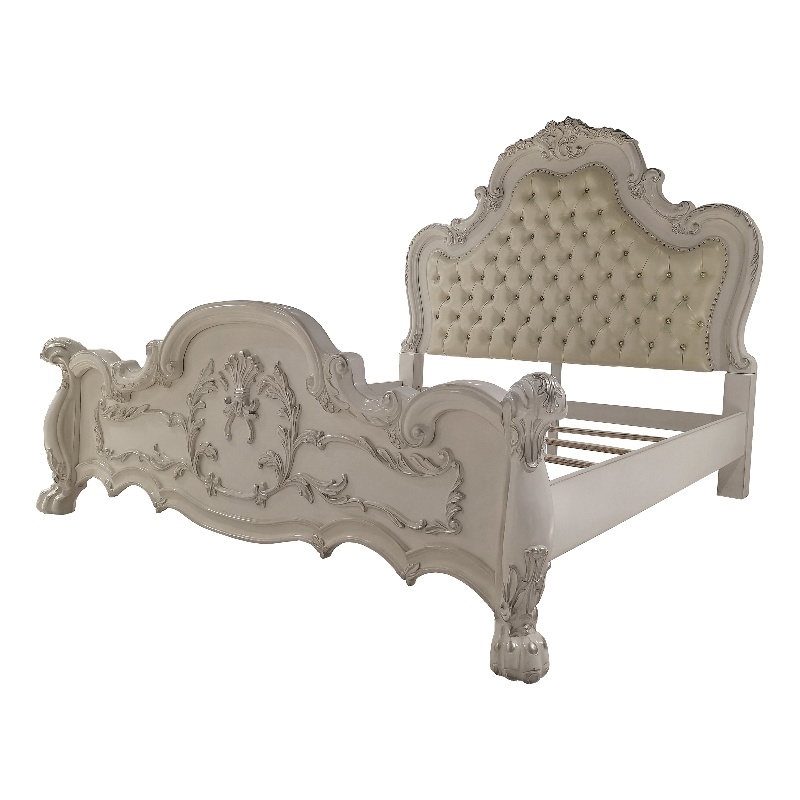 ACME Dresden Wooden Bed with Faux Leather Upholstery in Bone White