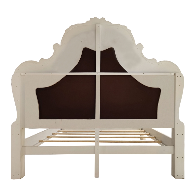 ACME Dresden Wooden Bed with Faux Leather Upholstery in Bone White