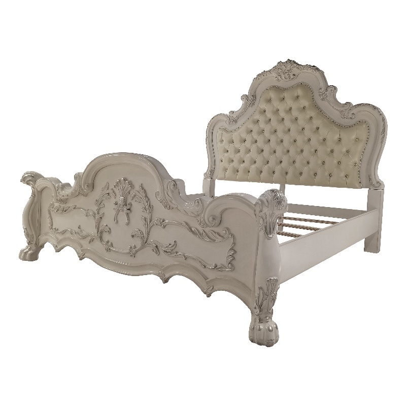 ACME Dresden Wooden Bed with Faux Leather Upholstery in Bone White