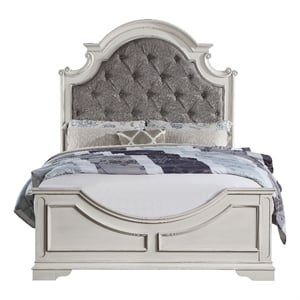 ACME Florian Wooden Bed with Fabric Upholstery in Grey and Antique White