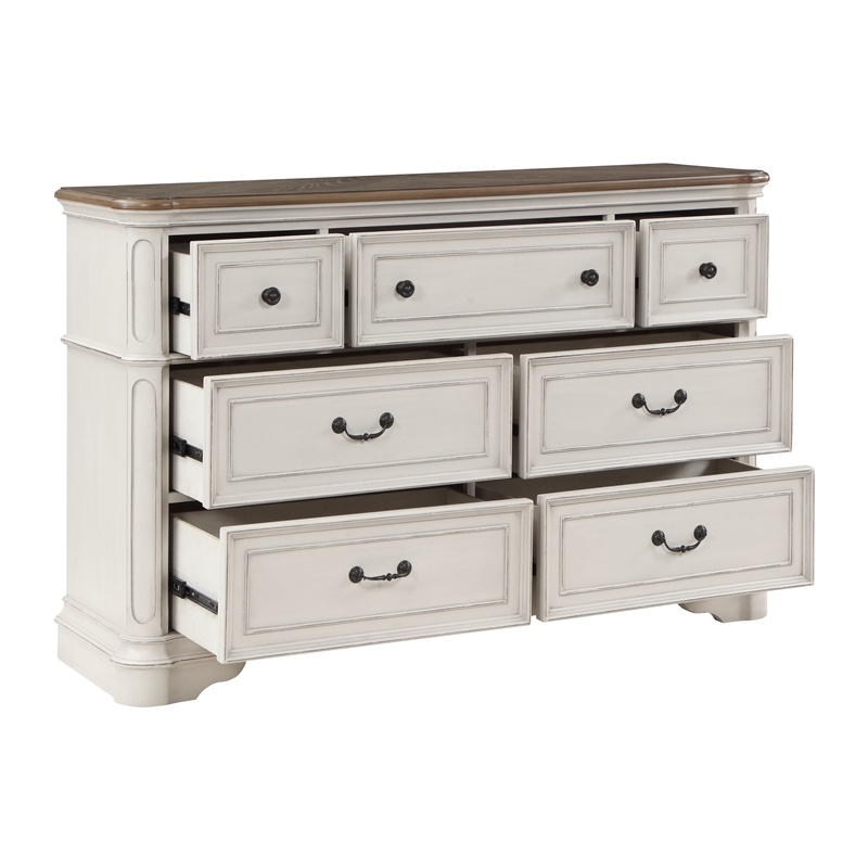 ACME Florian 7-drawer Wooden Dresser in Oak and Antique White