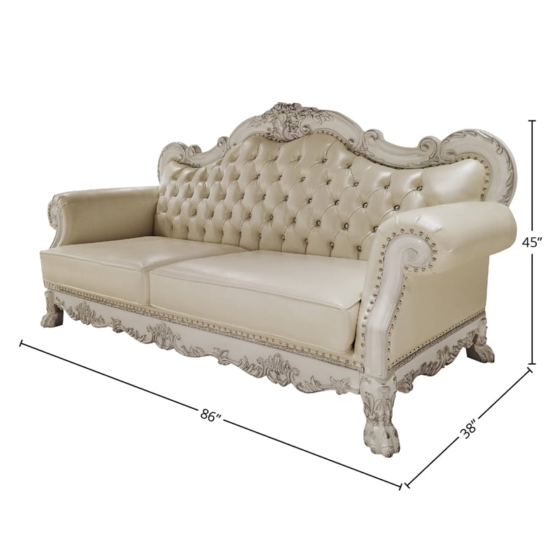 ACME Furniture Dresden Upholstered Faux Leather Sofa with 4 Pillows in White