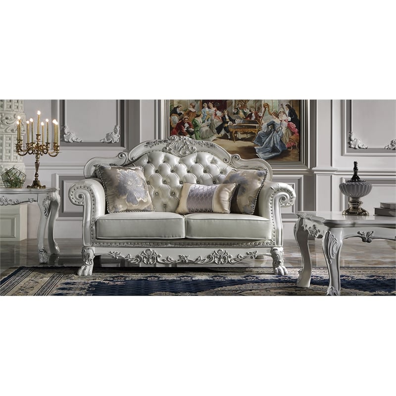 ACME Furniture Dresden Upholstered Faux Leather Loveseat with 3 Pillows in White