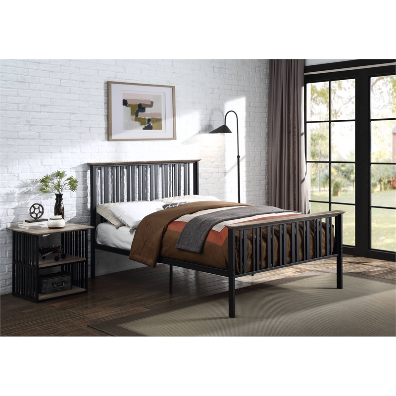 ACME Furniture Zudora Transitional Metal & Wood Full Bed in Black/Antique Oak